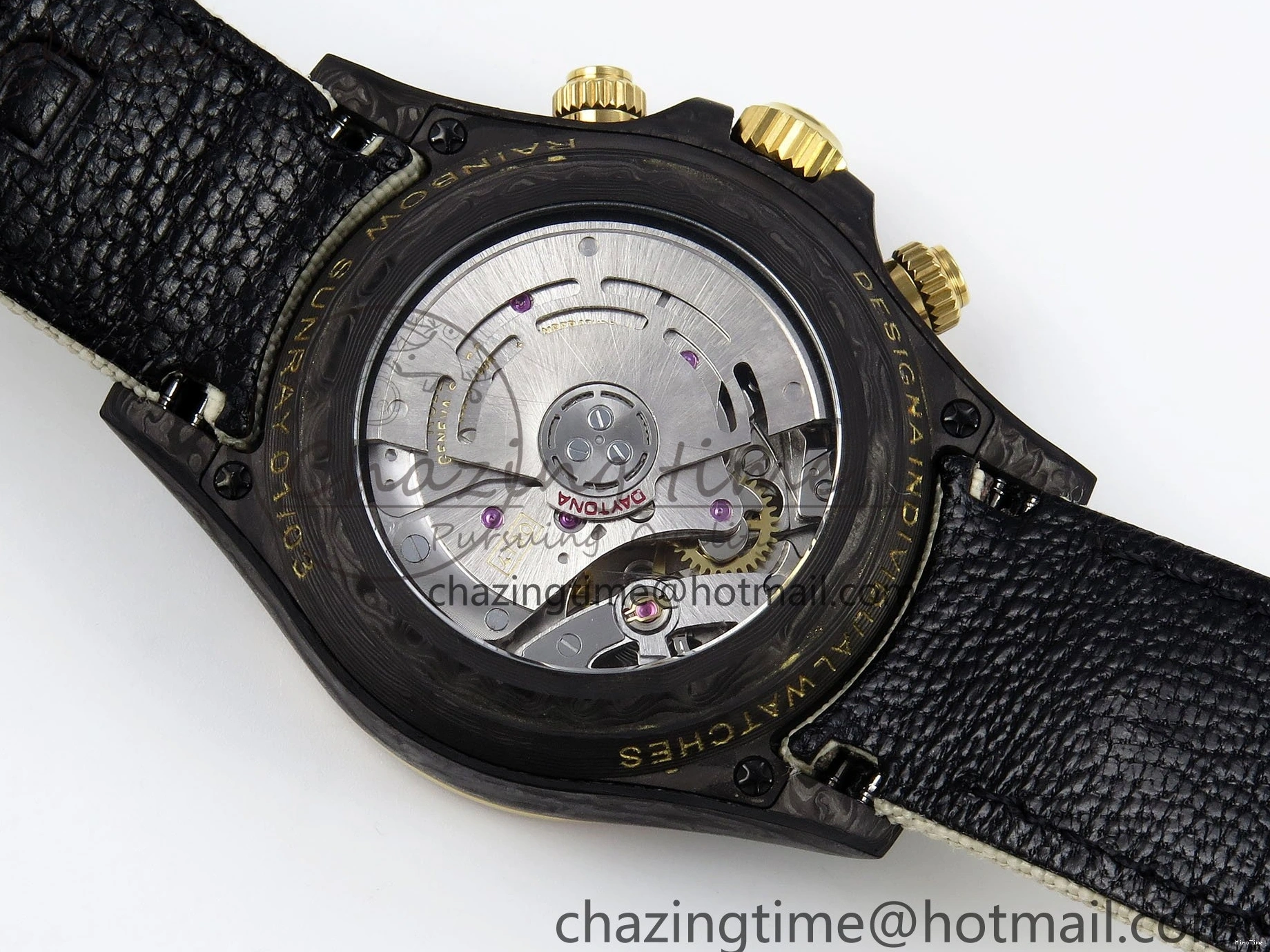 MiroTime 0513 Refined Daytona DIW Carbon Case DIWF Edition Black White Dial Orange Diamonds Bezel on White Nylon Strap A 1668